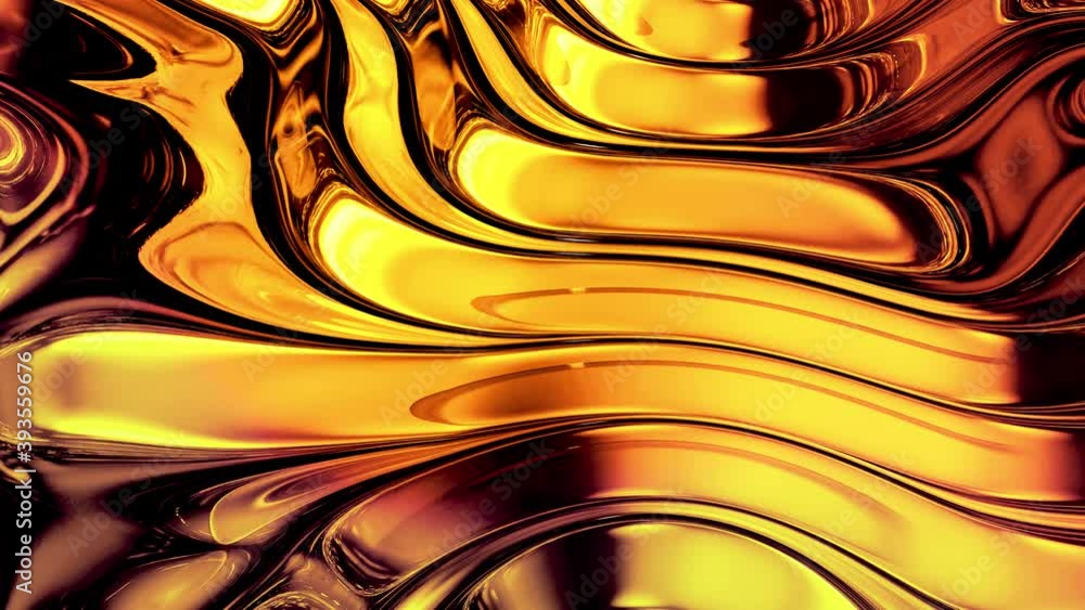 Aufkleber looped abstract background with wavy sparkling golden liquid pattern on shiny glossy surface. viscou