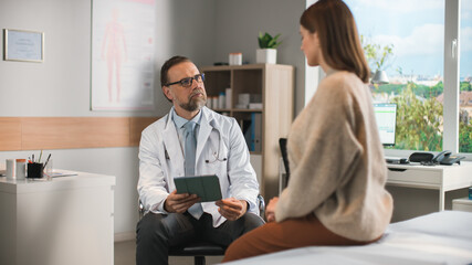 Fototapeta premium Doctor's Consultation Office: Professional Physician Talks to Female Patient, Uses Digital Tablet Computer to Explain Test Results, Treatment Plan, Prescribes Medicine. Health Care Specialist Working