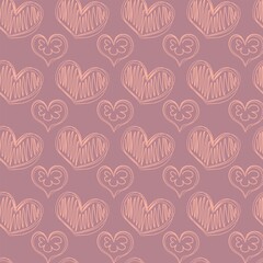 A seamless pattern of doodle cream hearts on a soft pink  backdrop. Pastel background for Valentine cards, fabrics, textiles, postcards, and websites. Romantic Vector illustration.
