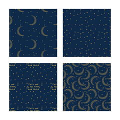  Set of seamless patterns with moon and stars for gift wrap, textile or book covers, wallpapers and scrapbook. I love you to the moon and back slogan. Vector.