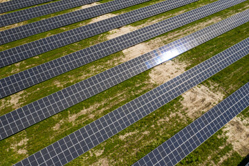 Renewable energy from the sun. Aerial view of solar panels.