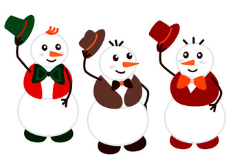 Snowmen gentlemen in hats, bow ties, vests and shoes greet each other - set of funny characters isolated on white for design of Christmas, New Year and holiday winter greeting card