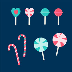 Set of sweets on a dark background caramel, Lollipop, mint candy. Sweet collection vector drawn in the style of flat. Vector illustration