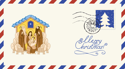Postal envelope on the Christmas theme with postage stamp and postmark. Bible illustration of Adoration of the Magi in cartoon style. Christmas Nativity scene, Holy family Mary and Jesus