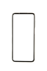 Black modern smartphone with blank screen isolated on white background.