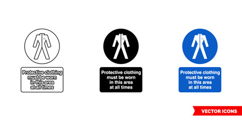 Protective clothing must be worn in this area at all times sign icon of 3 types color, black and white, outline. Isolated vector sign symbol.