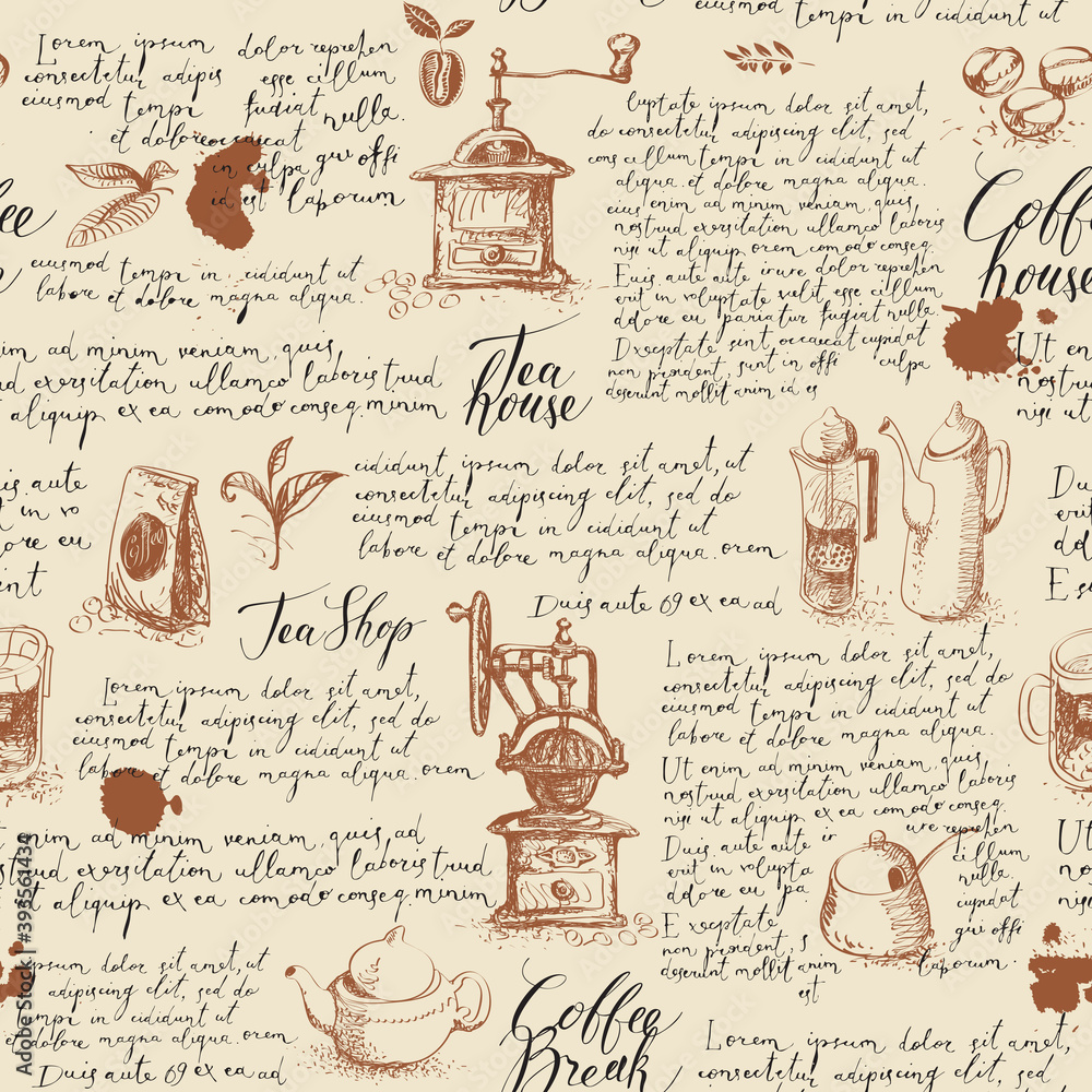 Poster vector seamless pattern on tea and coffee theme. hand-drawn background with kitchen items, blobs and