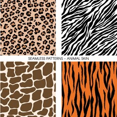 Animal seamless prints. Tiger leopard zebra giraffe skin pattern. Vector fabric jungle textile