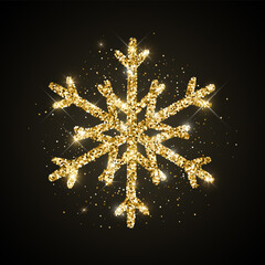 Gold glitter textured snowflake icon on black background. Vector Shiny Christmas, New year and winter sparkling golden hand drawn snow symbol for print, web, decoration, greeting card