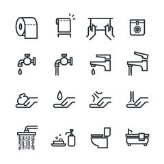 Toilet Vector Icon Set, Simple Flat Thin Line Style. Signage for Restroom or Bathroom. Contained Soap, Toilet Paper, Toiletries, Sanitary Bag and Napkin, Shower and bathtub.
