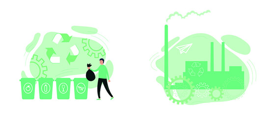 vector set of illustrations of the sorting of refuse. concept art waste recycling. waste incineration plant.