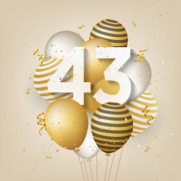 Happy 43th birthday with gold balloons greeting card background. 43 years anniversary. 43th celebrating with confetti. Vector stock