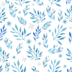 Christmas watercolor seamless pattern with blue branches