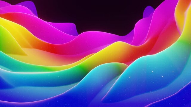 Beautiful abstract 3D surface with glitter sparkles, extruded or displaced waves transform in loop. Rainbow gradient, soft matte material like morphing sweetness or marmalade with light inner glow.