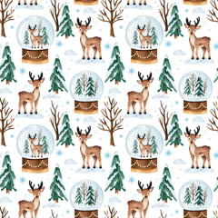 Christmas watercolor seamless pattern with deer and snow globe