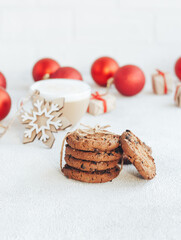 Christmas cookie with chocolate and coffee. New Year's decorations on the white background. - 393563838
