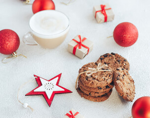Christmas cookie with chocolate and coffee. New Year's decorations on the white background. - 393563868