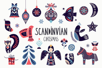 Scandinavian Christmas collection with ornamental traditional elements isolated on white - obrazy, fototapety, plakaty