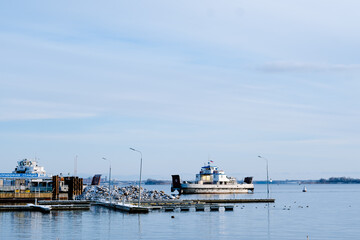 fishing boats in the sea. ferry on the winter sea. Winter sea landscape