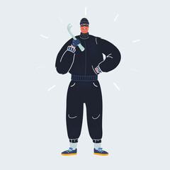 Vector illustration of burglar with a crowbar in his hand on dark backround. Comic character.
