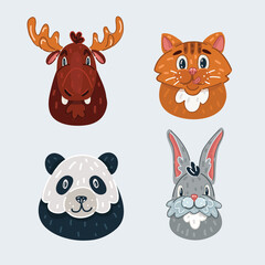 Fototapeta premium Vector illustration of animal faces set. Moose, panda, hare, cat.