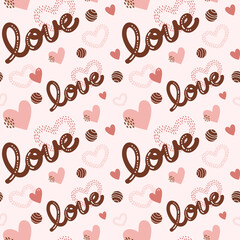 Seamless pattern with hand drawn hearts and word, love. Pattern for Valentine's Day.
