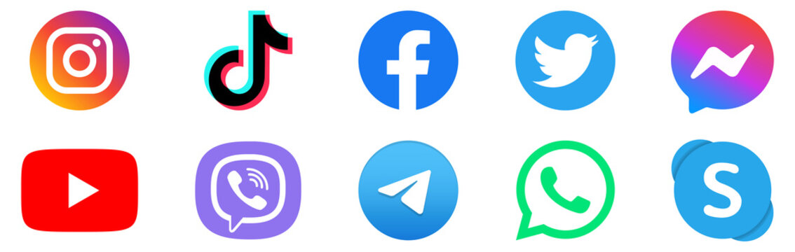 Instagram, TikTok, Facebook, Twitter, messenger, youtube, viber, telegram, whatsapp and skype icons. Social media icons set. Editorial vector. Rivne, Ukraine - November 19, 2020.