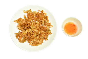 batter-fried prawn in flour and egg dipping sweet sauce