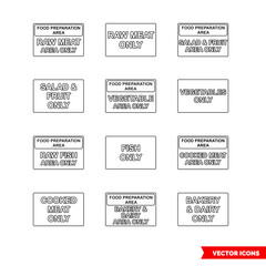 Food safety colour coded signs icon set of outline types. Isolated vector sign symbols. Icon pack.