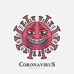 Coronavirus illustration with evil creepy smile in vintage style concept