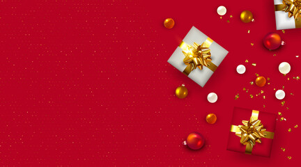 Christmas Background with gift boxes and Christmas decoration. Copy space
