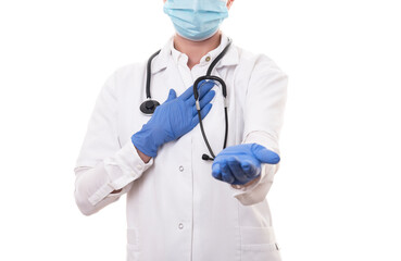 Young doctor in white uniform and stethoscope wearing mask on isolated background