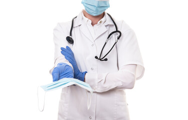 Young doctor in white uniform and stethoscope wearing mask on isolated background