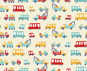 Seamless vector pattern with hand drawn cars driving along the city road. Trucks and cars for boys. children's print for clothes and souvenirs. Digtle transport illustration