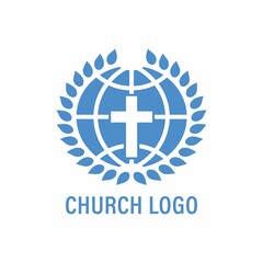 Color illustration Earth globe, laurel wreath, cross, text in blue on a white background. Vector illustration for logo, emblems, stickers. Church logo. Illustration on a religious theme.