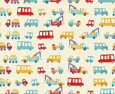 Seamless vector pattern with hand drawn cars driving along the city road. Trucks and cars for boys. children's print for clothes and souvenirs. Digtle transport illustration