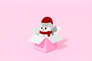 Cute Snowman standing with gift box on pastel pink background 3d rendering. 3d illustration minimal style, christmas and new year sale concept.