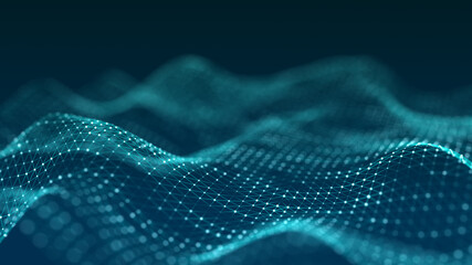 Digital dynamic cyber wave. Abstract futuristic blue background with dots and lines. Big data visualization. 3D rendering.