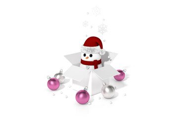 Cute Snowman standing with gift box, christmas ball ornaments object group on white background 3d rendering. 3d illustration minimal style, christmas and new year sale concept.