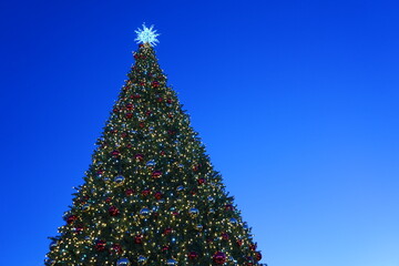 christmas tree with garlands of glowing and decorations, blue sky