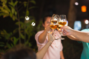 Shot in high iso with low light group of friends toasting white wine.