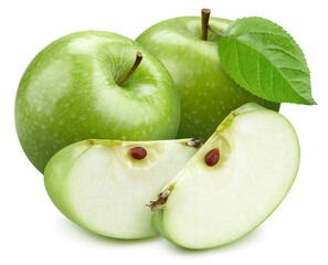 Two green apple and slice with green leaf clipping path