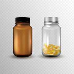 Medicine glass bottle isolated on transparent background. 3d realistic Medicine bottle full of pills or dragee. Pharmaceutical product packaging mockup.