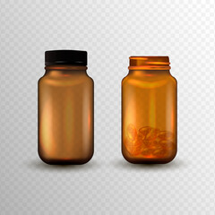 Medicine glass bottle isolated on transparent background. 3d realistic Medicine bottle full of pills or dragee. Pharmaceutical product packaging mockup.