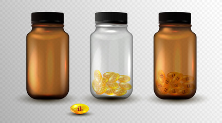 Medicine glass bottle isolated on transparent background. 3d realistic Medicine bottle full of pills or dragee. Pharmaceutical product packaging mockup.