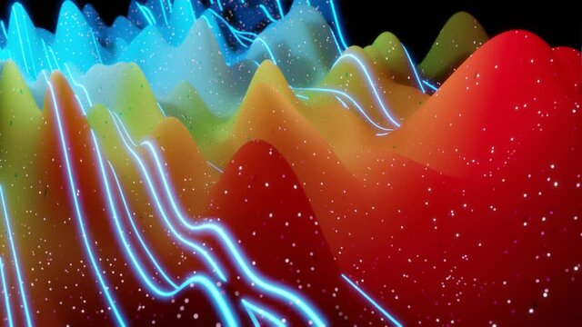 Abstract 3D surface with beautiful waves, luminous sparkles and bright color gradient, colors of rainbow. Waves run on matte surface with glow glitter and glow lines. 4k looped animation