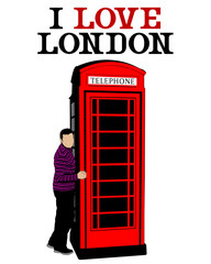 Vintage telephone booth on street of London on white background