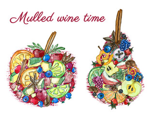 Illustration with mulled wine ingredients for menu, banner, print