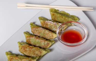 Fresh Japanese Fried Vegetable Meatballs or Gyoza on Plate Served with Sauce on White Plate.