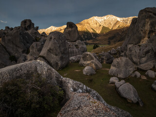 Fototapeta na wymiar Castle Hill high country station in New Zealand's South Island. The hill was so named because of the imposing array of limestone boulders in the area reminiscent of an old, run-down stone castle.